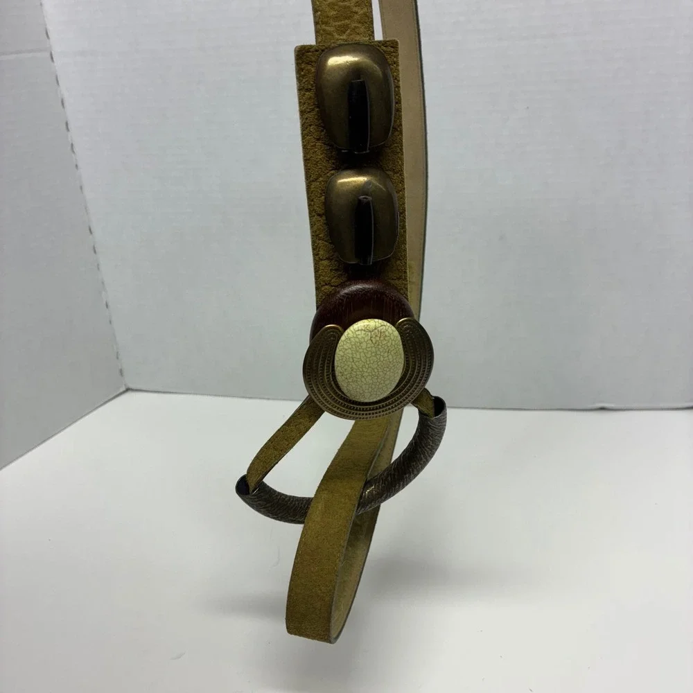 Vintage 90s Moss Green Leather Waist Belt Sculptural Faux Stone Ring Closure